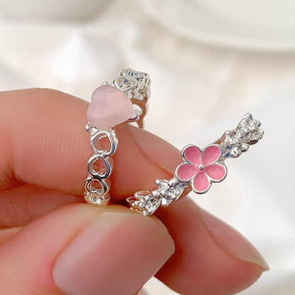 Enamel Flower Opal Heart Chic 2 Pieces Ring Set