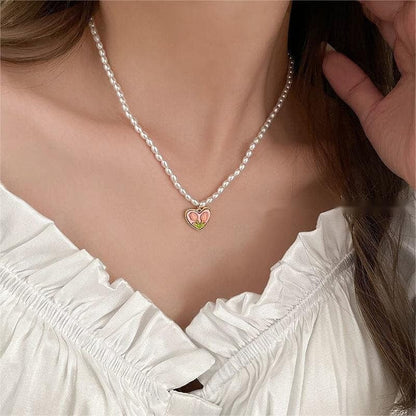 Pink Tulip Heart Pendant Pearl Chain Filled Resin Necklace Earrings Set