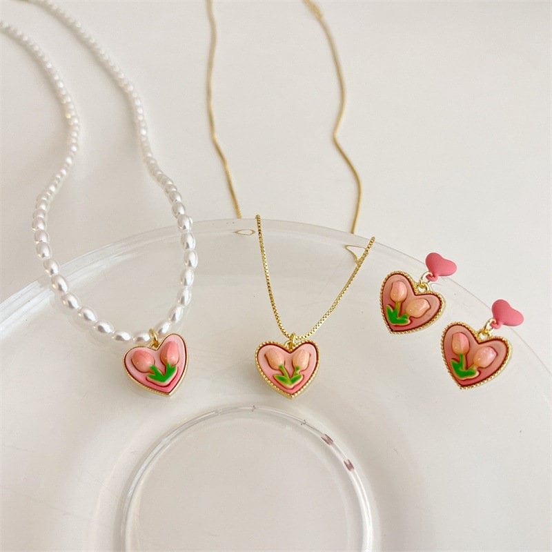 Pink Tulip Heart Pendant Pearl Chain Filled Resin Necklace Earrings Set