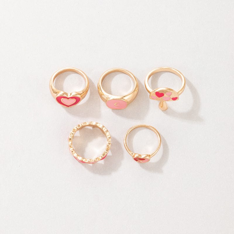 Pink Chic 5 Pieces Heart Ring Set