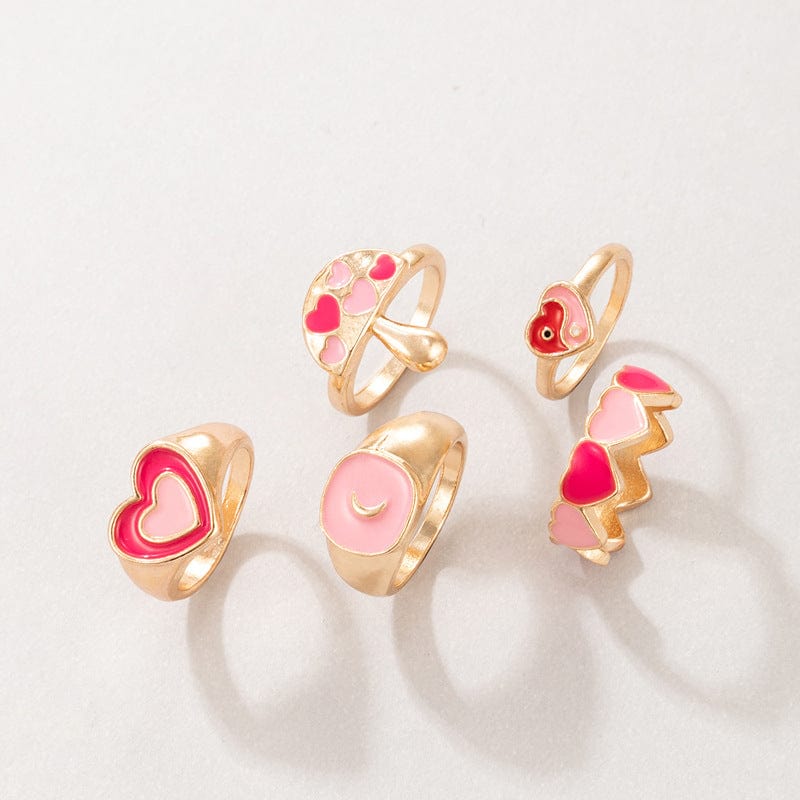 Pink Chic 5 Pieces Heart Ring Set