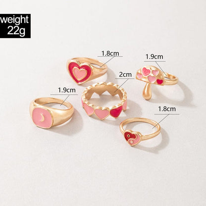 Pink Chic 5 Pieces Heart Ring Set