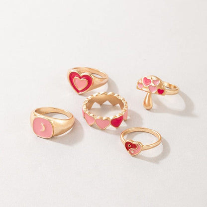 Pink Chic 5 Pieces Heart Ring Set