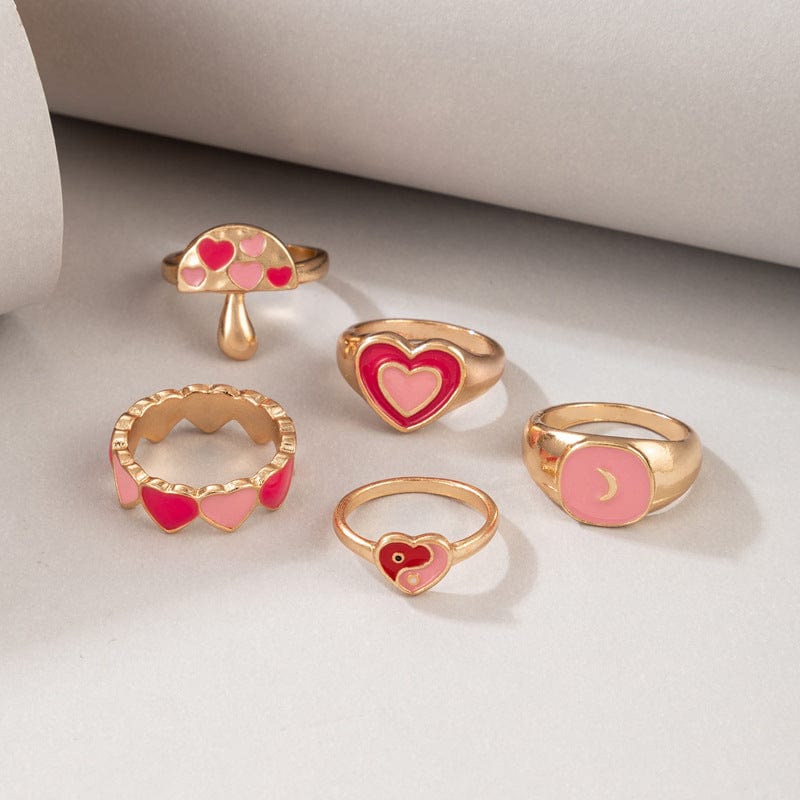 Pink Chic 5 Pieces Heart Ring Set