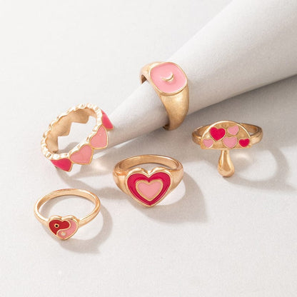 Pink Chic 5 Pieces Heart Ring Set