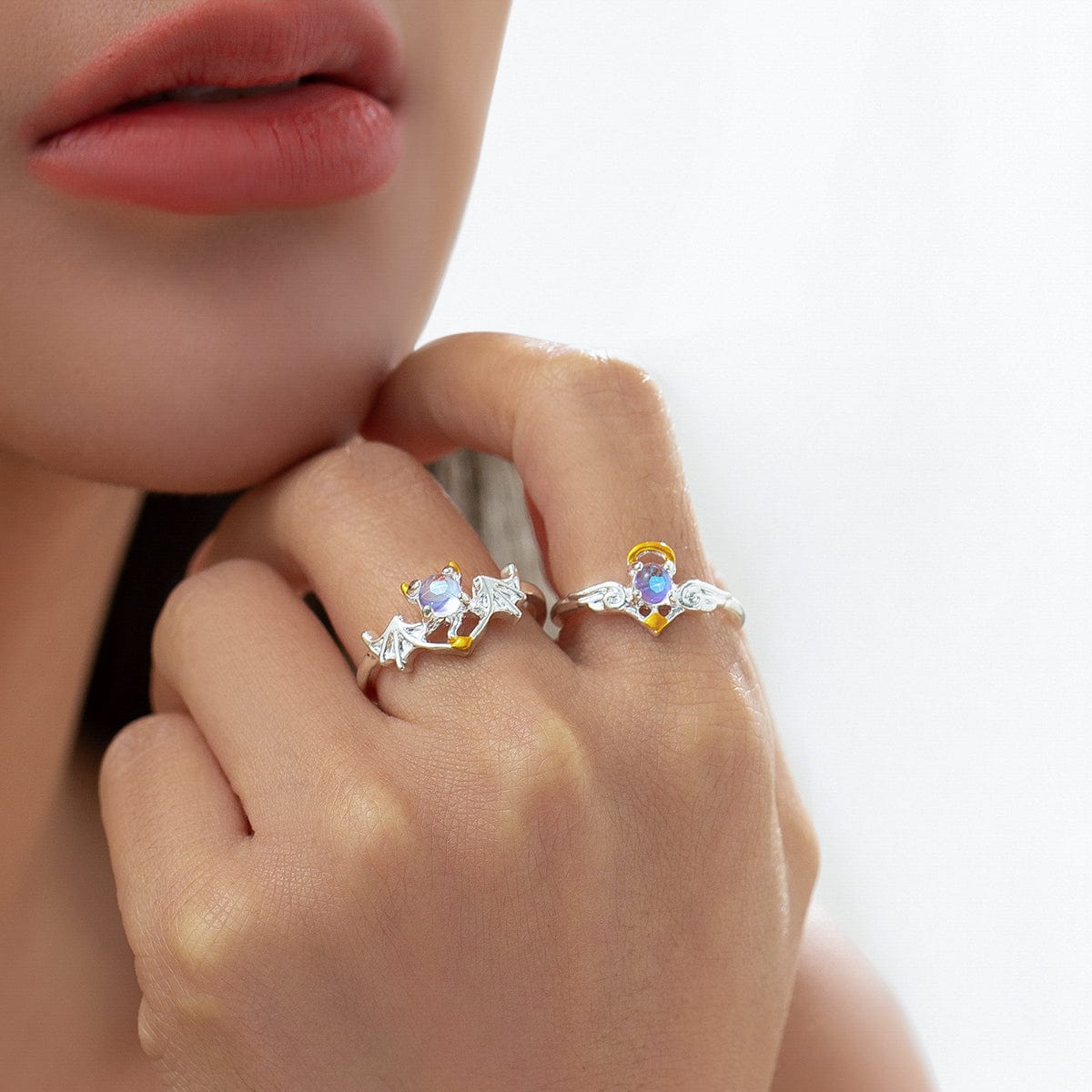 Chic Angel And Devil Matching Opal Ring Set