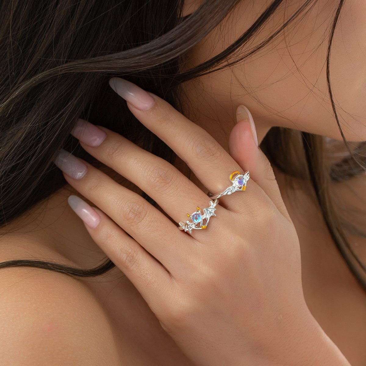 Chic Angel And Devil Matching Opal Ring Set