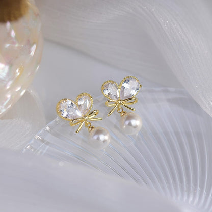 Crystal Bowknot Heart Pearl Earrings