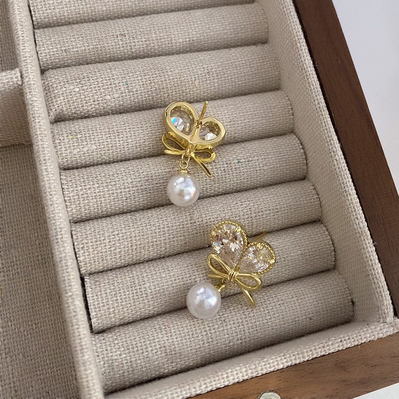 Crystal Bowknot Heart Pearl Earrings