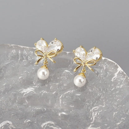 Crystal Bowknot Heart Pearl Earrings