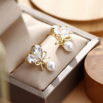 Crystal Bowknot Heart Pearl Earrings