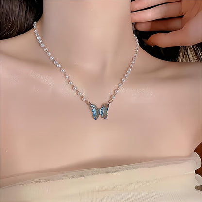 Chic Butterfly Pendant Pearl Necklace