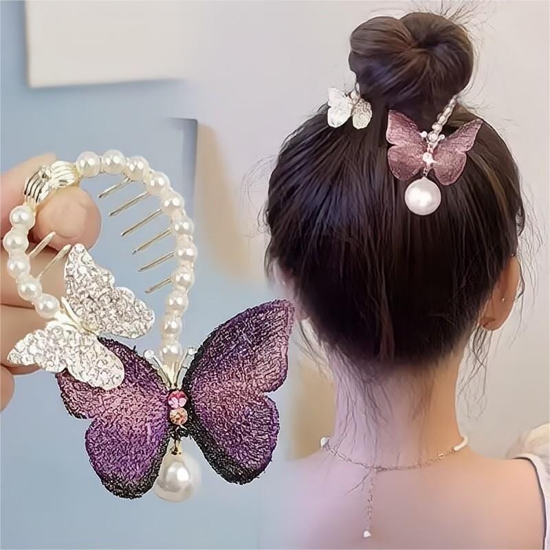 Barrette à chignon en perles et papillon