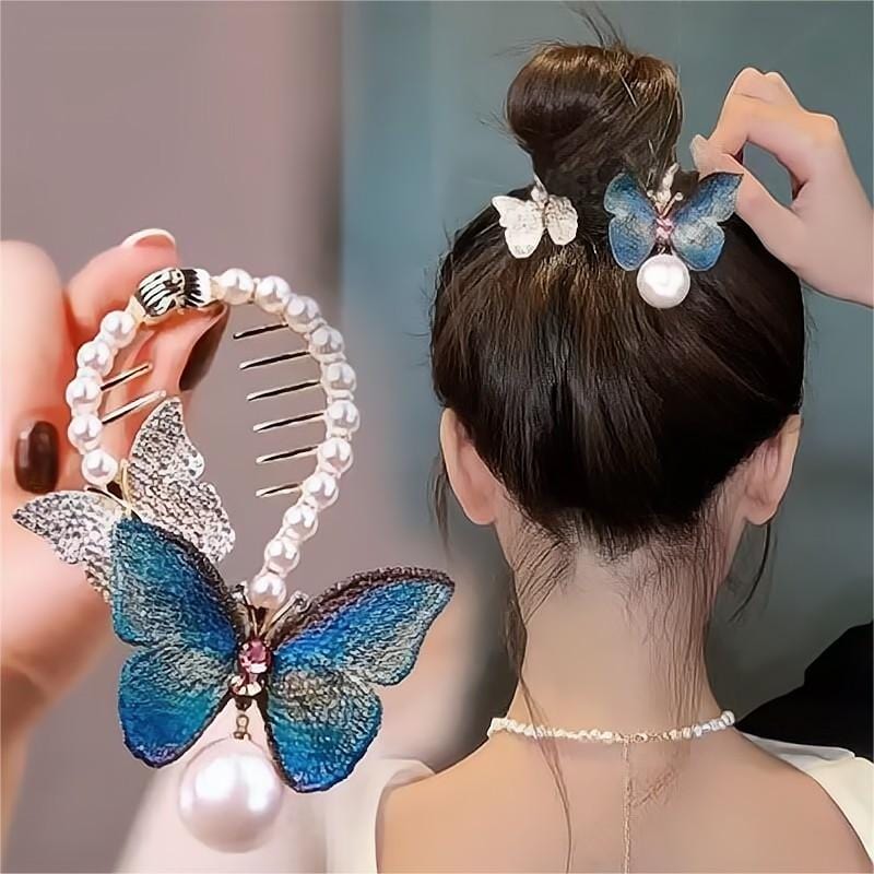 Barrette à chignon en perles et papillon