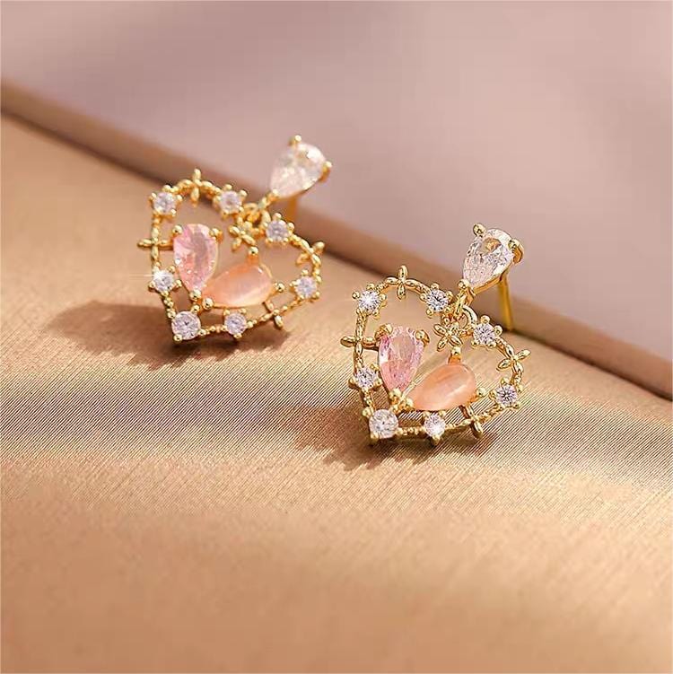 Crystal Floral Hollow Heart Earrings