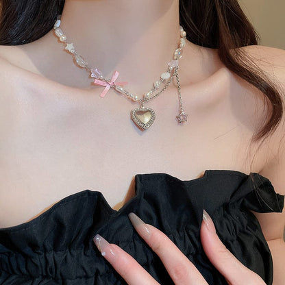 Heart Locket Pearl Chain Necklace