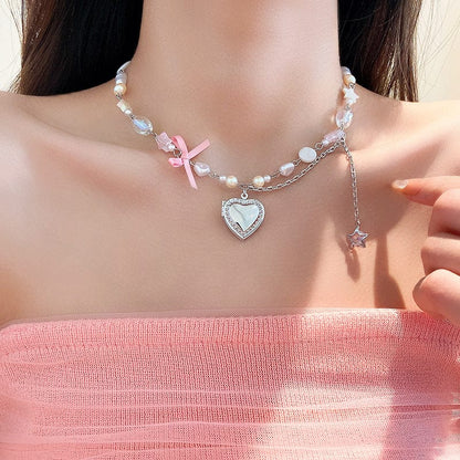 Heart Locket Pearl Chain Necklace