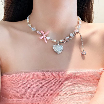 Heart Locket Pearl Chain Necklace