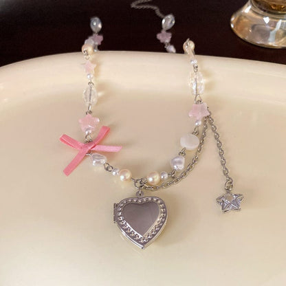 Heart Locket Pearl Chain Necklace