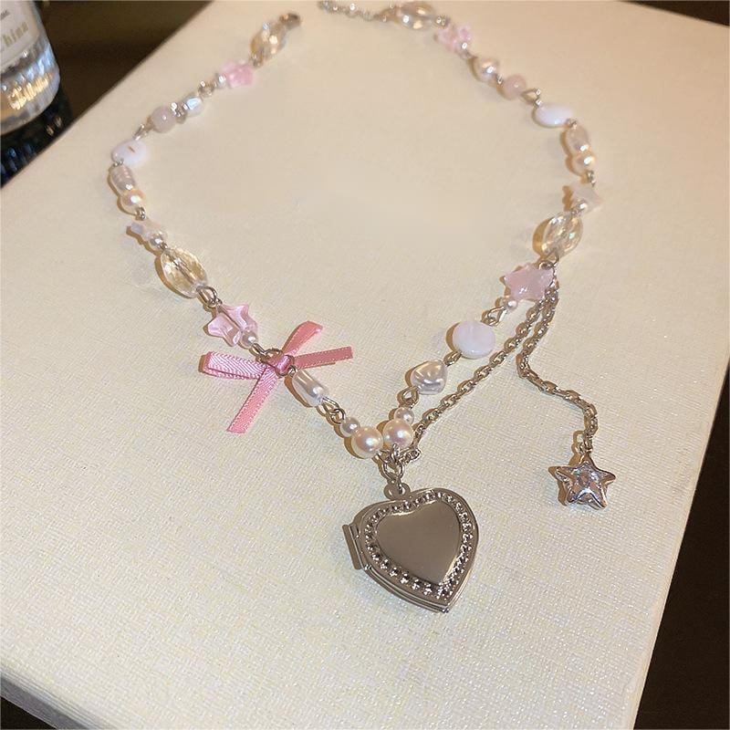 Heart Locket Pearl Chain Necklace