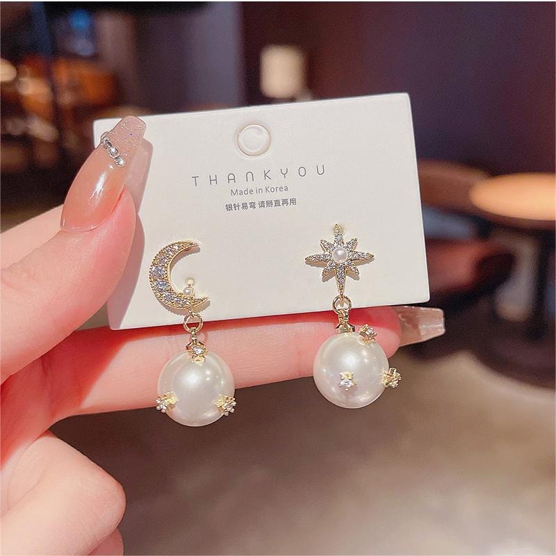 Moon Phase Star Dangle Pearl Earrings