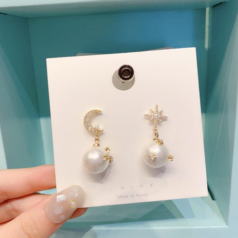 Moon Phase Star Dangle Pearl Earrings