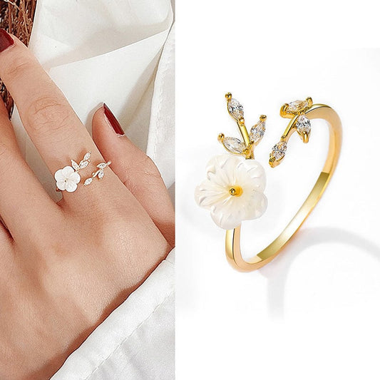 CZ Inlaid Pearl Shell Flower Ring