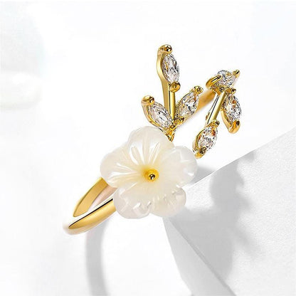 CZ Inlaid Pearl Shell Flower Ring