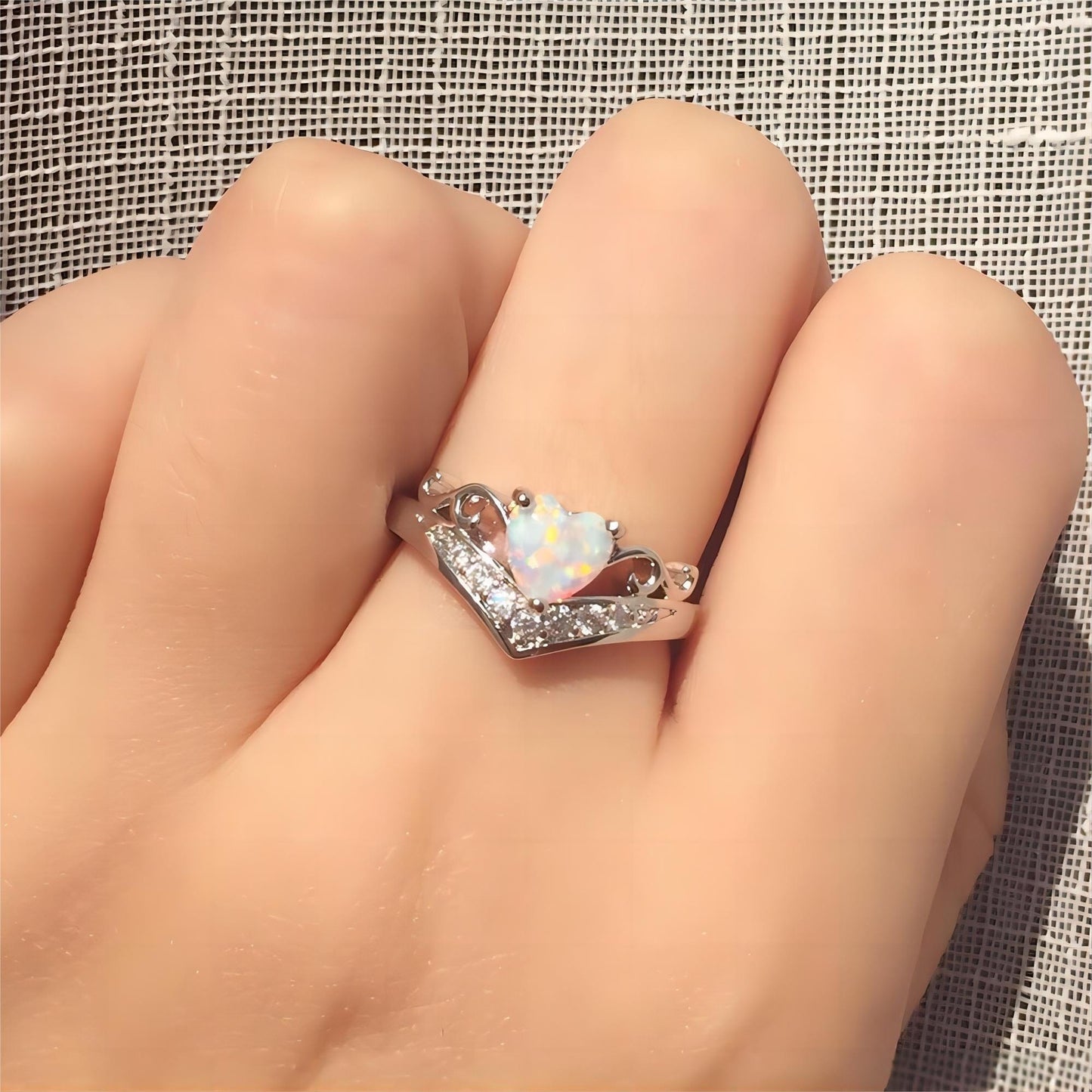 CZ Inlaid Opal Heart Ring