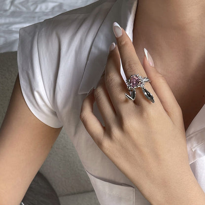 Pink Crystal Rabbit Heart Ring