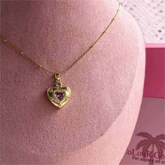 Pink Crystal Heart Chain Necklace