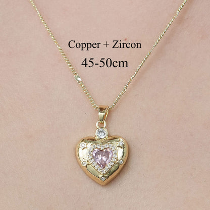 Pink Crystal Heart Chain Necklace