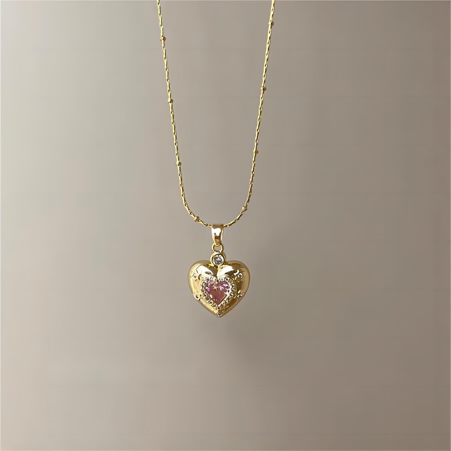 Pink Crystal Heart Chain Necklace