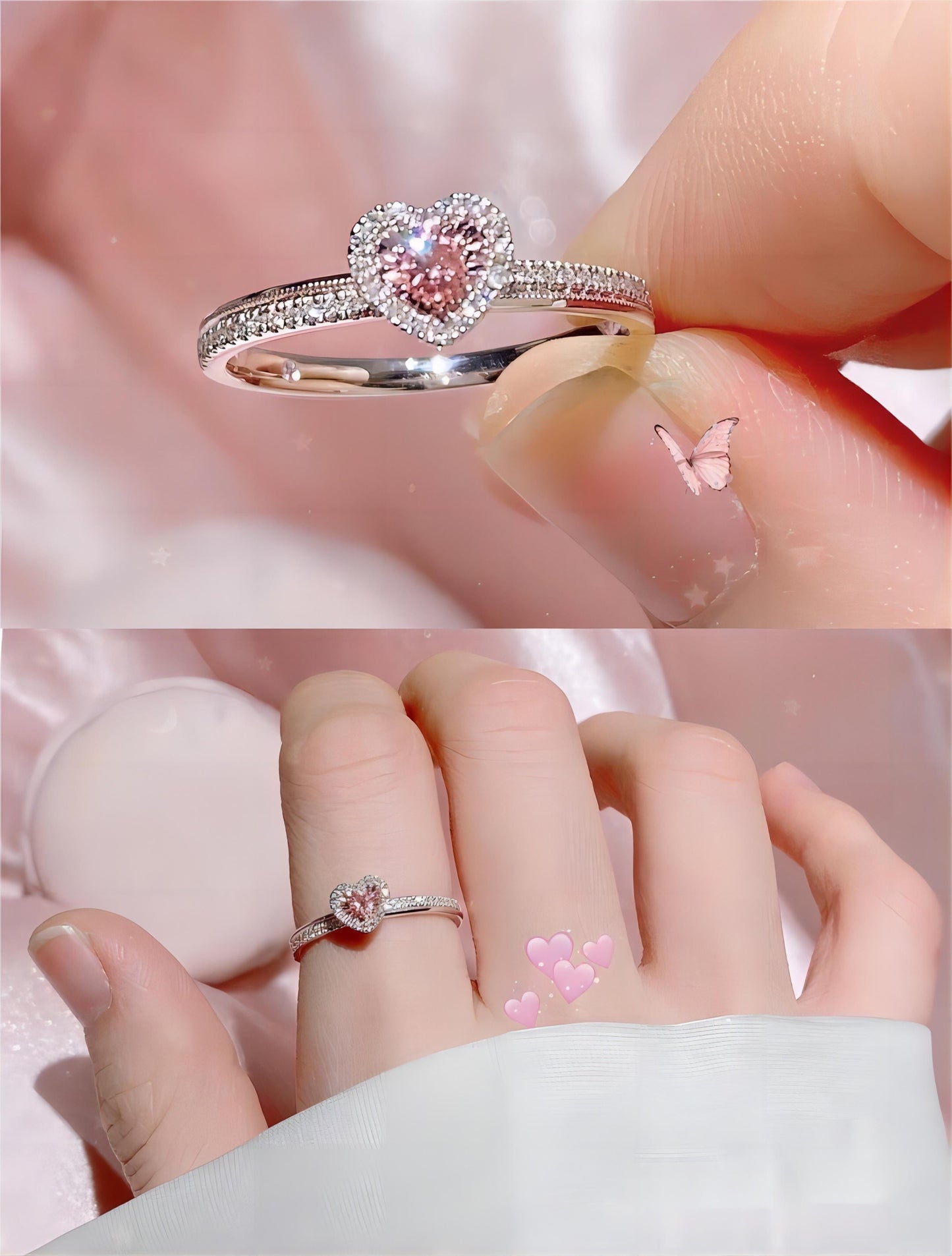 Chic Pink Crystal Heart Ring