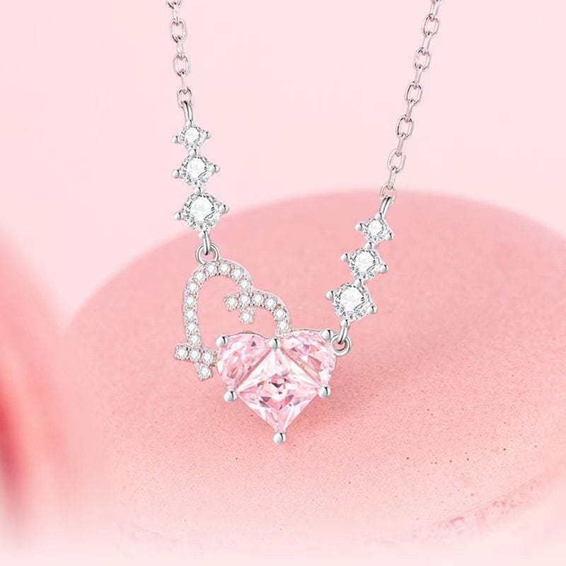 Collier Duo Coeur Diamant Rose