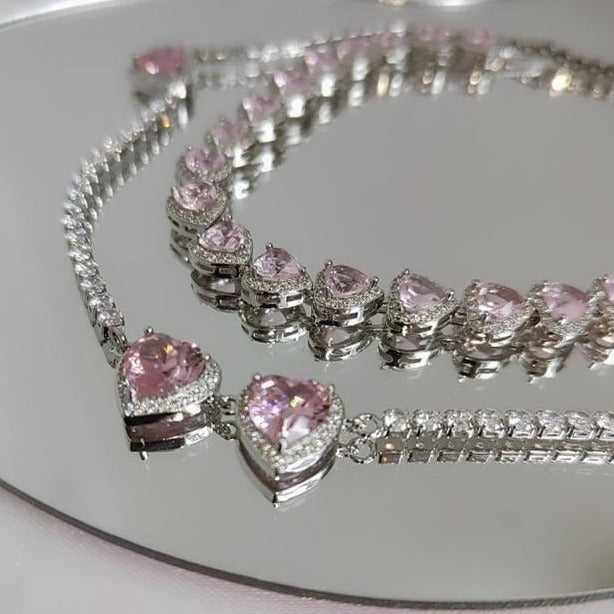 Chic Pink Diamond Heart Necklace