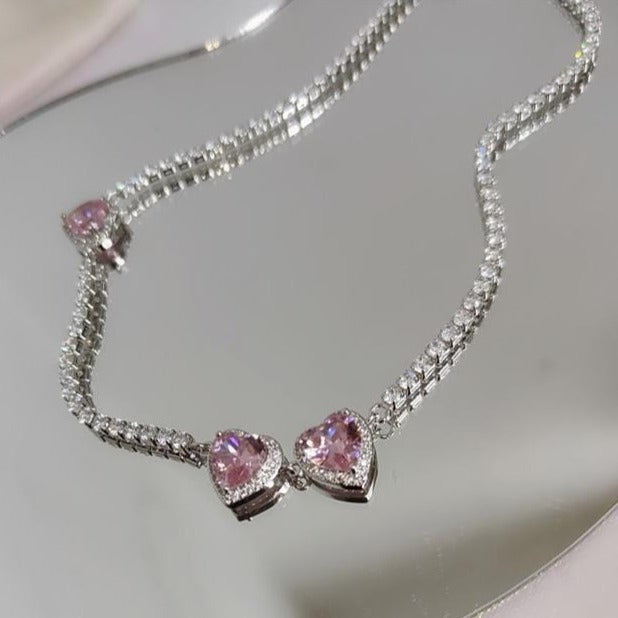 Chic Pink Diamond Heart Necklace