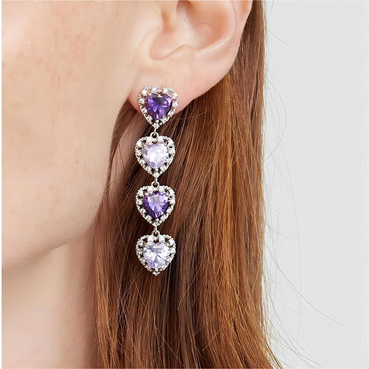 Purple Crystal Heart Dangle Earrings