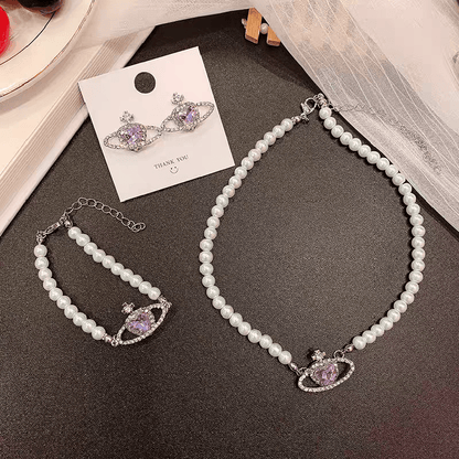 Purple Saturn Necklace Earrings Bracelet Set