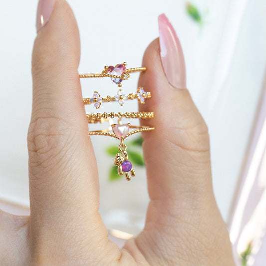 Floral Butterfly Bear Heart Ring