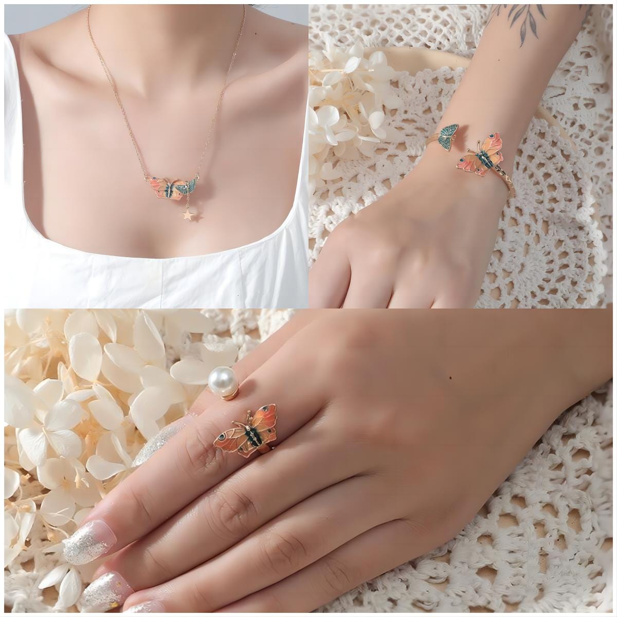 Butterfly Necklace Bracelet Ring Set