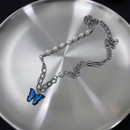 Butterfly Pendant Pearl Chain Necklace