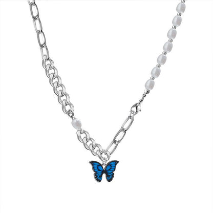 Butterfly Pendant Pearl Chain Necklace