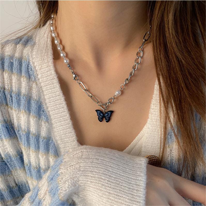 Butterfly Pendant Pearl Chain Necklace