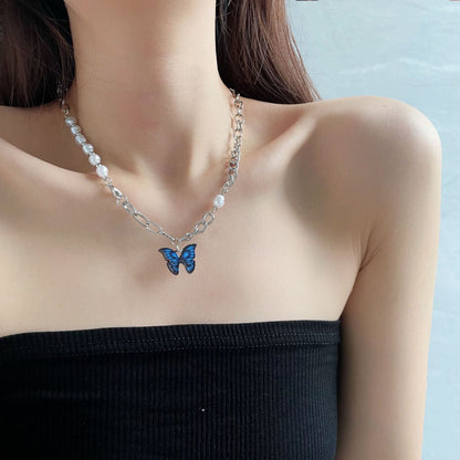 Butterfly Pendant Pearl Chain Necklace