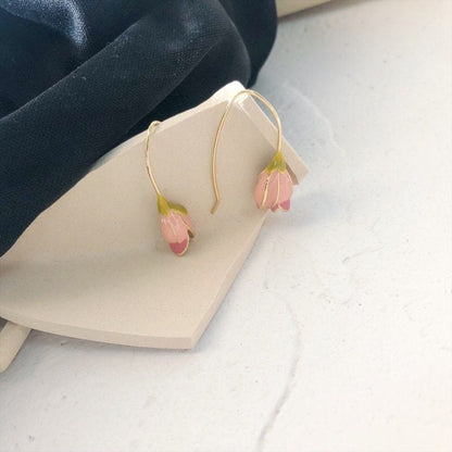 Enamel Pink Tulip Dangle Earrings