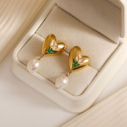 Tulip Heart Pearl Earrings