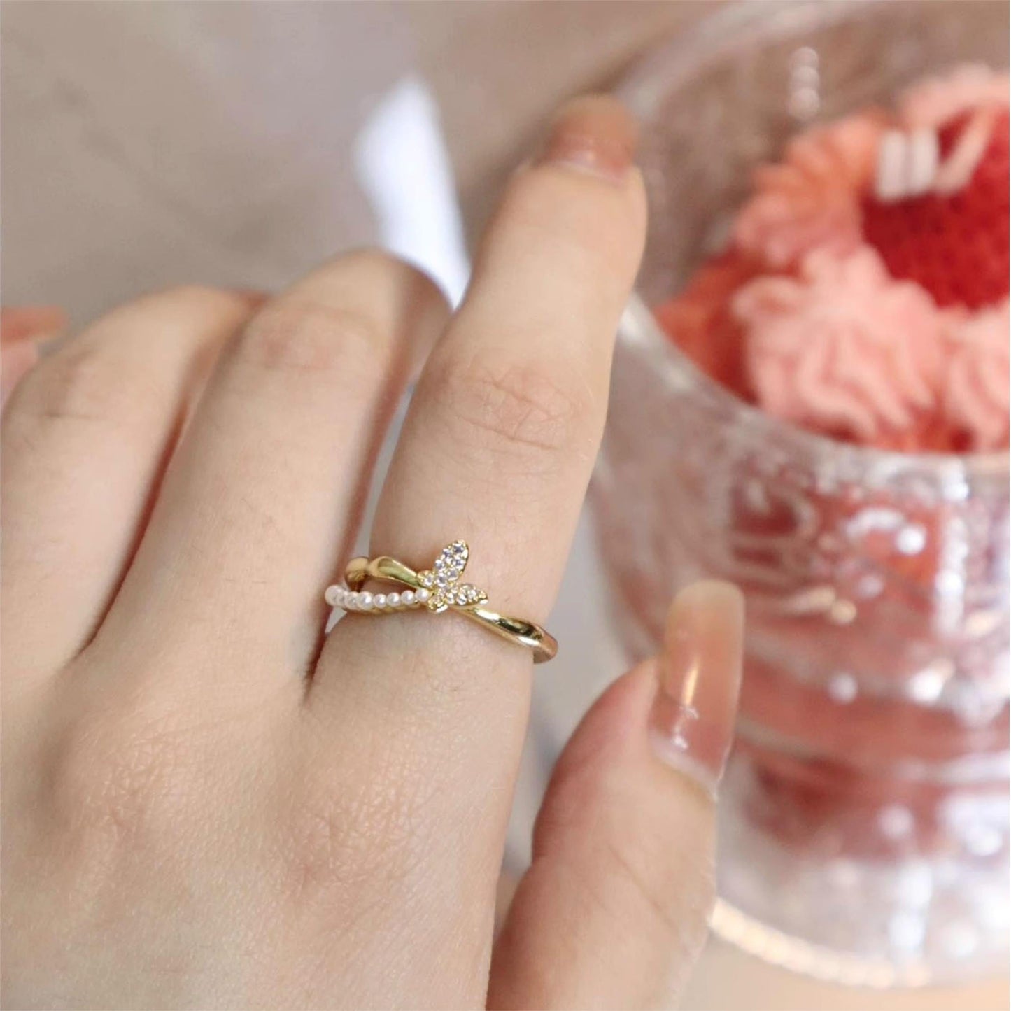 Chic Butterfly Pearl Ring Set