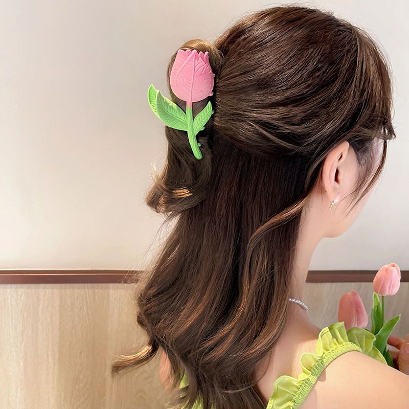 Enamel Pink Tulip Chignon Claw Clip