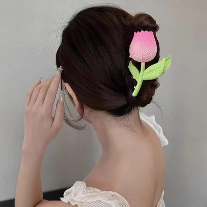 Enamel Pink Tulip Chignon Claw Clip